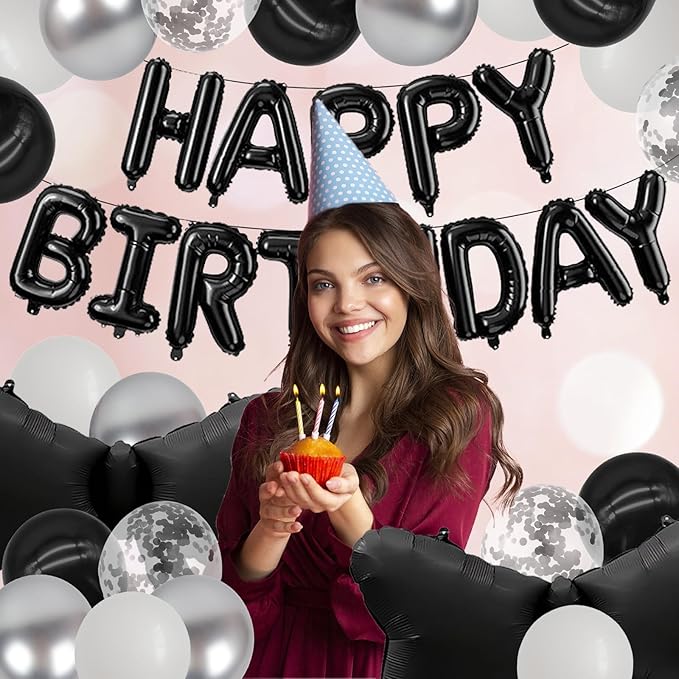 ZHENGYE Black Bow Birthday Party Decorations Happy Birthday Banner Aluminum Foil Letters Balloons Bow Balloon Latex balloons Bow Themed Birthday Party Decorations Supplies