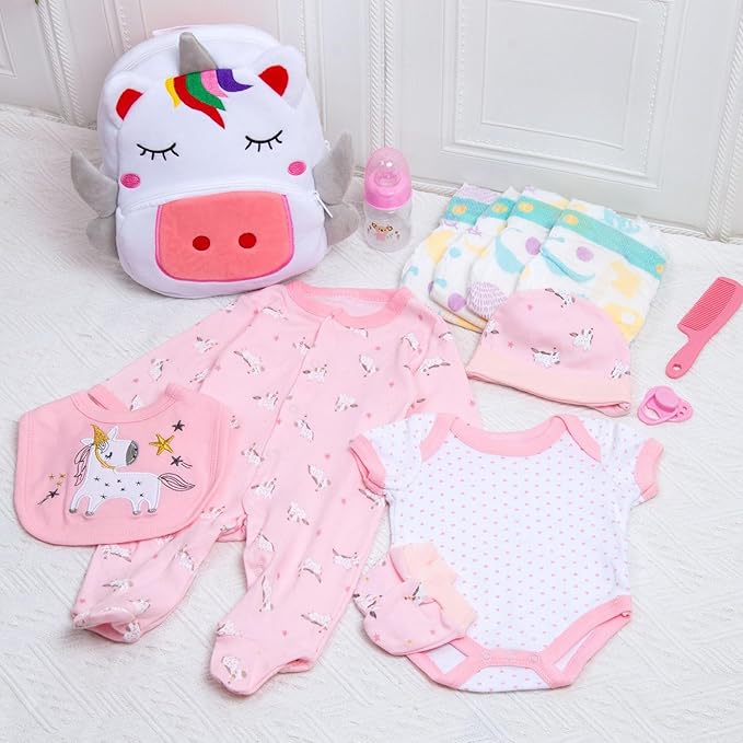 13 Pcs Reborn Baby Doll Clothes Pink Outfit Accessories for 17-22 Inches Babydolls Reborn Girl Doll Clothes Newborn Baby Accessories Set with Unicorn Backpack