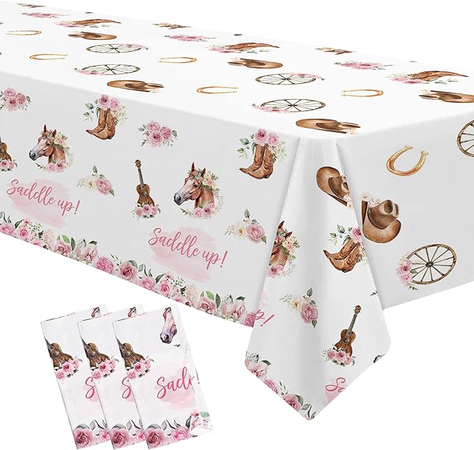Cowgirl Party Decorations Tablecloth - Horse Saddle Up Western Party Supplies Tablecover, Disposable Wild West Cowgirl Birthday Baby Shower Decorations Table Cloth - 3 Pack (54in x 108in)