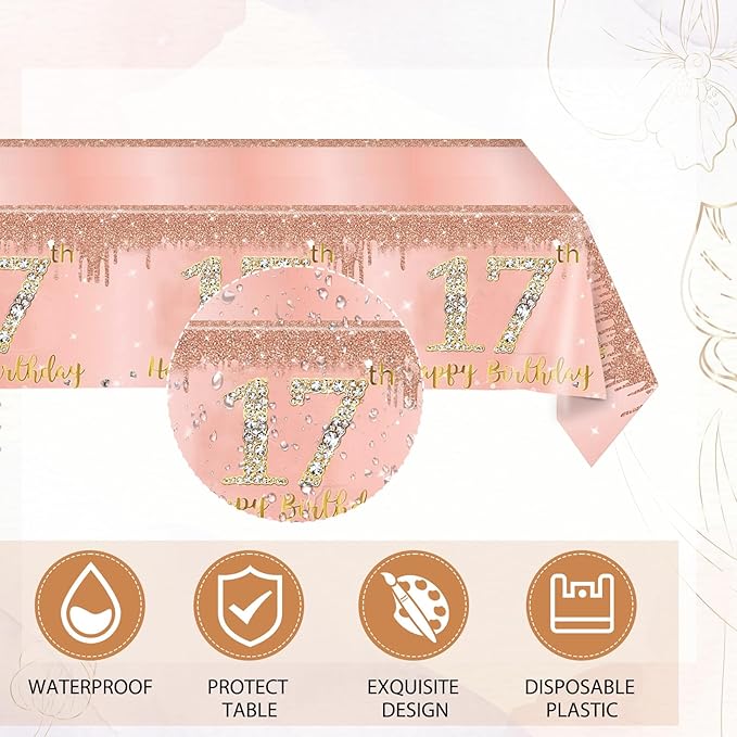 41PCS 17th Birthday Decorations for Girls,Rose Gold 17th Birthday Plates and Napkins,Tablecloth Kit Disposable 17th Birthday Paper Tableware Set for Girls 17 Years Old Birthday Party Supplies