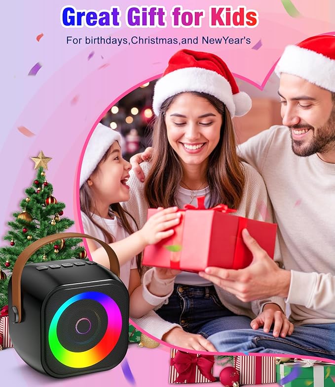 Mini Karaoke Machine, Portable Bluetooth Speaker with 2 Wireless Microphones for Kids & Adults, Karaoke Microphone with LED Lights, Gifts for Girls & Boys