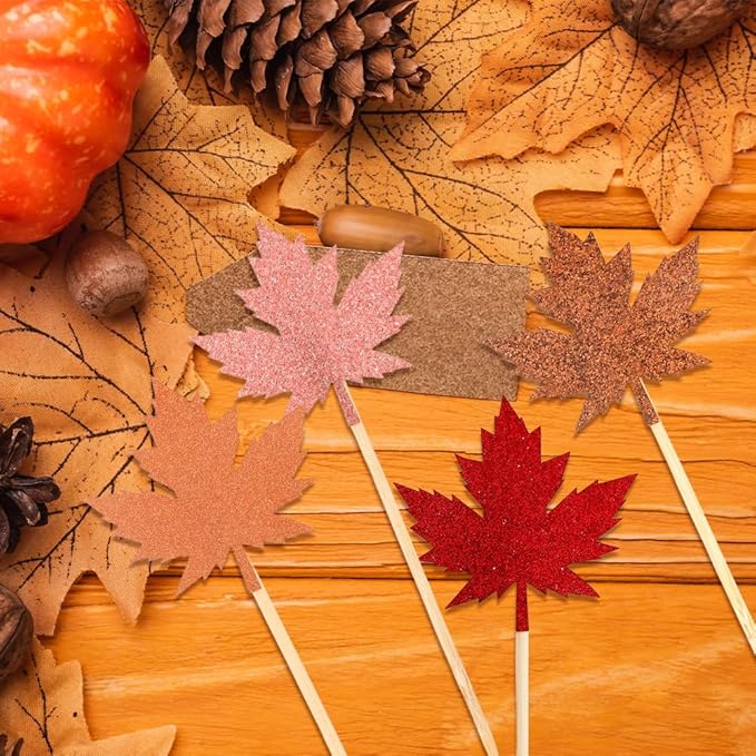 Fall Thanksgiving Cupcake Toppers, 24 PCS Glitter Maple Leaf Cupcake Toppers Cake Decorations, 4 Colors Maple Leaf Food Picks for Fall Autumn Thanksgiving Day Themed Party Decoration Supplies