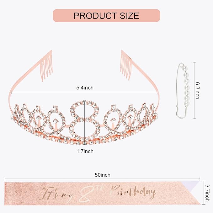 CIEHER 8th Birthday Crown + 8th Birthday Sash + Pearl Pin Set, 8th Birthday Gifts for Girls It's My 8th Birthday Decorations Women Happy 8th Birthday Party Supplies