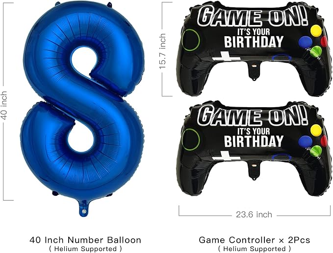 Navy Blue Video Game Party Supplies Boys 8th Birthday Party Decorations- 2 Packs Game On Balloons with Dark Blue Number 8 Balloon
