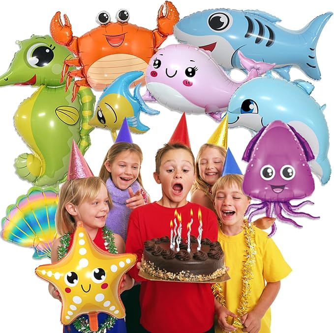 9 Pcs Sea Animal Balloons, Under The Sea Decorations, Creature Shark Dolphin Whale Fish Crayfish Octopus Ocean Foil Balloons, Under The for Ocean Theme Party Decorations