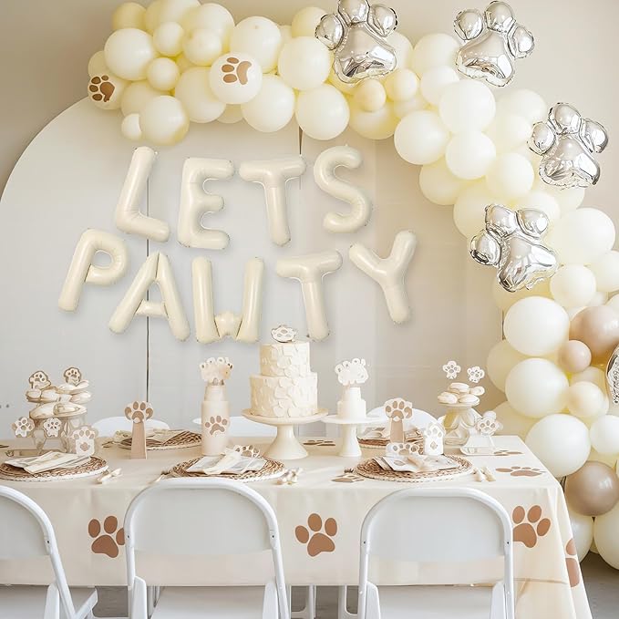 Lets Pawty Balloons Banner 40 Inch,Cream White Beige Paw Birthday Balloons,for Dogs Paw Pet Foil Letter Balloon Decorations Puppy Theme Party Supplies Decor