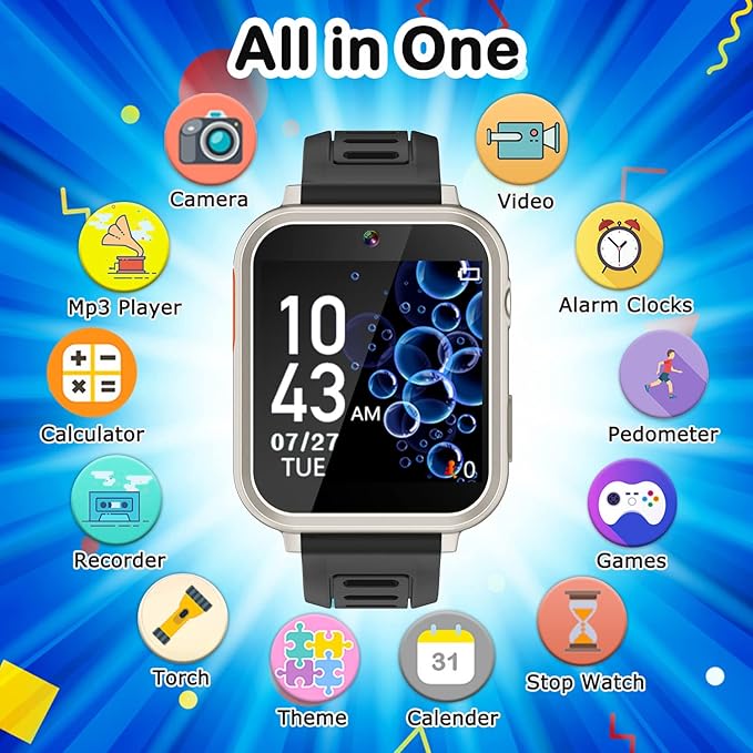 Kids Game Smart Watch for Kids with 24 Puzzle Games HD Touch Screen Camera Video Music Player Pedometer Alarm Audiostory Flashlight 12/24hr Kid Watch Gift for 4-12 Year Old Boys Girls Toys for Kid