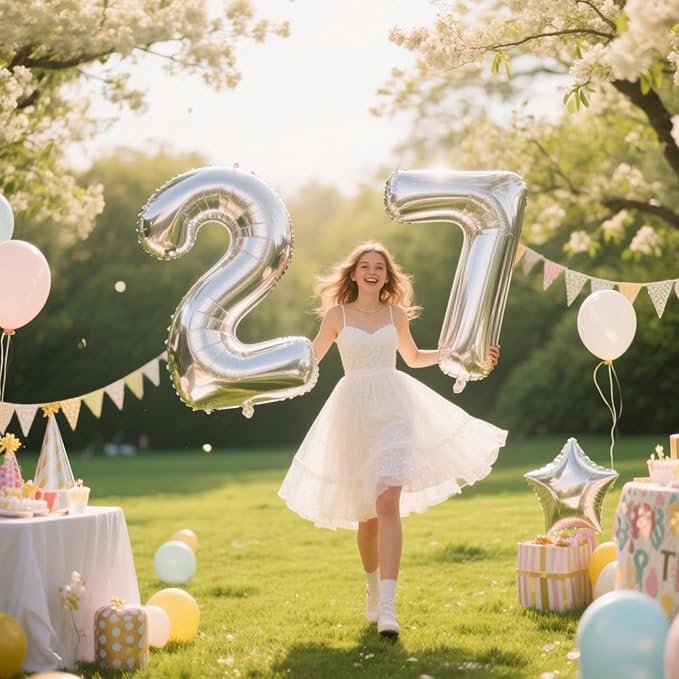 40 Inch Silver Number 27 Digital Balloon,Jumbo Mylar Foil Helium Balloon for 27 Balloons for Birthday Party,Wedding Anniversary Party Decorations