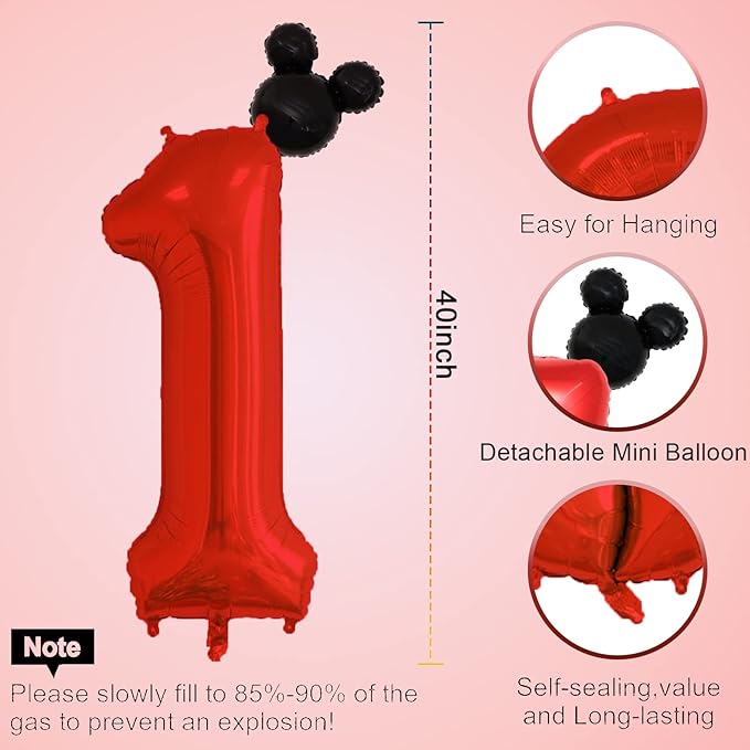 40 inch Red Number 1 Balloon & Mini Mouse Head Balloon, 1st Birthday Party Decoration Balloons, Cartoon Mouse Birthday Party Supplies Baby Shower Decoration, Red Black Theme Party Decorations Supplies