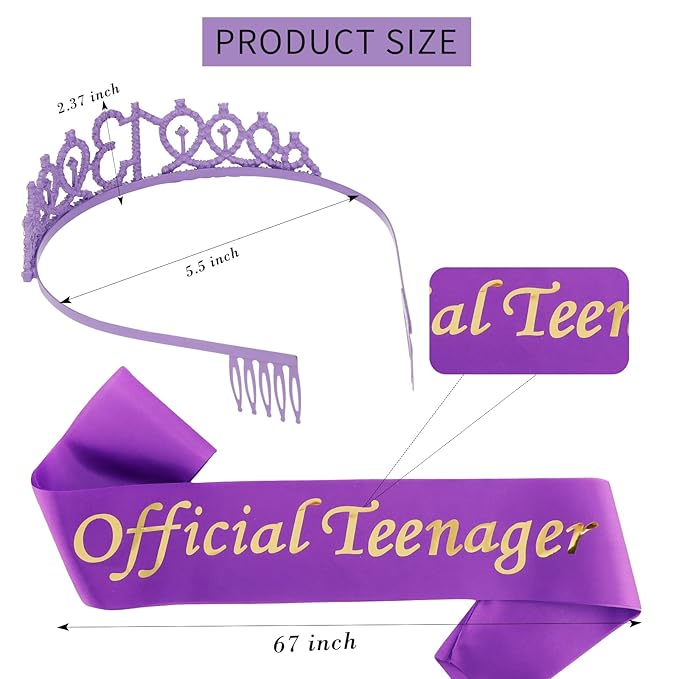 CIEHER Purple 13th Birthday Crown & Sash Set, Tiara, Decorations, Teen Girl Gifts