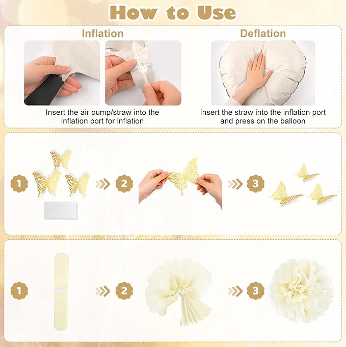 Ouddy Life White Gold Birthday Party Decorations Kit for Women Girls, Happy Birthday Banner, Sand White Metallic Gold Foil Confetti Balloons, Fringe Curtain, Cake Topper, Pompoms, Butterfly Supplies