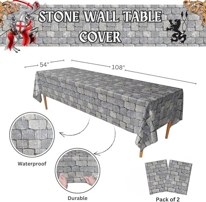 Blue Orchards Stone Wall Table Covers (Pack of 2) - 54"x108" XL - Medieval Party Decorations, Knight Themed Party Supplies, Castle Parties, Stone Wall, Knight Birthday Decoration