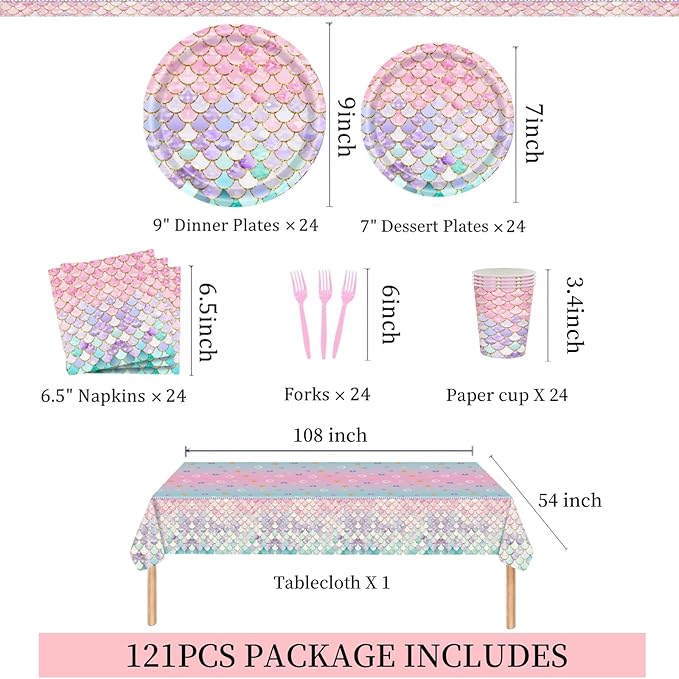 121 Pcs Mermaid Birthday Party Decorations Plates Set for 24 Guests,Little Mermaid Party Supplies Ocean under the Sea Party Tableware Plate,Fork,Napkins Tablecloths Cups for Princess Girls
