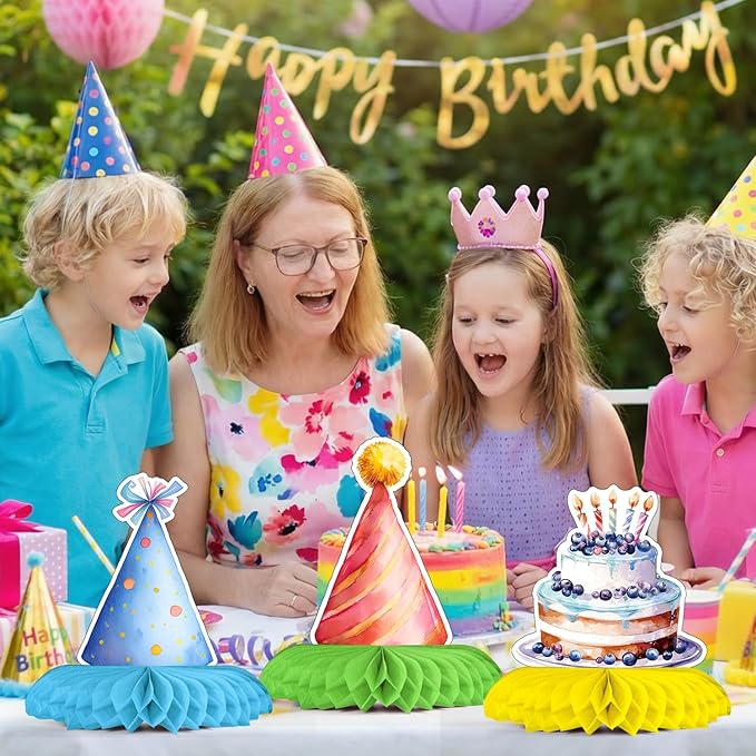 Horaldaily 10PCS Birthday Party Table Decoration Centerpieces, Colorful Cupcake Balloons Sign Honeycomb Centerpieces Table Toppers for Home Classroom School Boys Girls Baby Shower Birthday Supplies