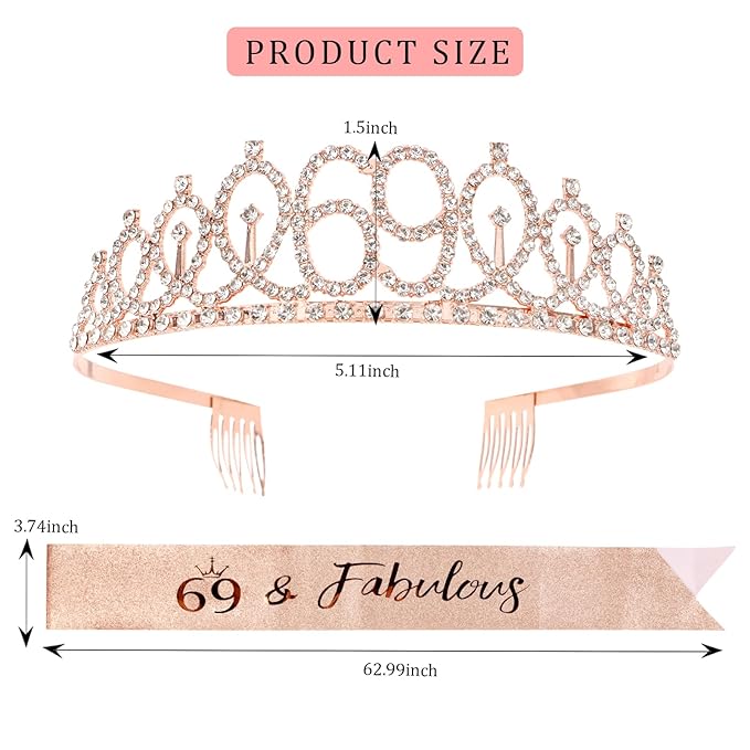 CIEHER 69 & Fabulous Birthday Set: Crown, Sash, Pearl Pin - 69th Birthday Decorations & Gifts for Women