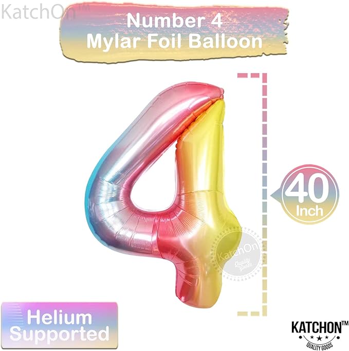 KatchOn, Giant, Rainbow 4 Balloon Number - 40 Inch | Number 4 Balloon, Unicorn 4 Birthday Decorations | Number Four Balloon, Unicorn Rainbow 4th Birthday Decorations | Mermaid Birthday decorations