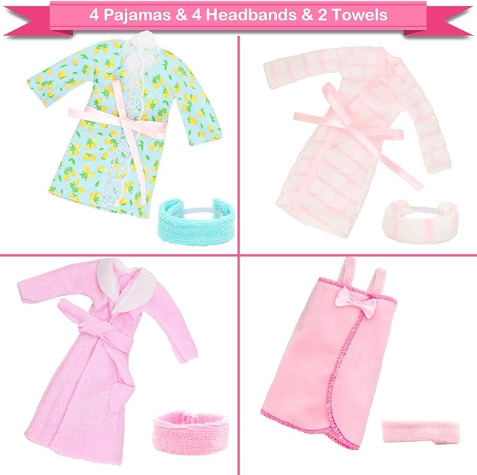 27 Pcs Doll Sleeping Clothes Accessories Including 4 Sets Bathrobes Pajamas, Towels, Headband, 12 Toiletries, 8 Accessories, 3 Slippers for 11.5 Inch Girl Dolls Sleeping Storytelling Playset