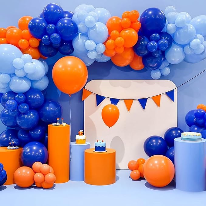 Orange and Blue Balloons, 60pcs 12 Inch Royal Blue Light Blue Pastel Orange Latex Party Balloons with Orange and Blue Confetti Balloons for Boy Birthday Party Baby Shower Graduation Decorations