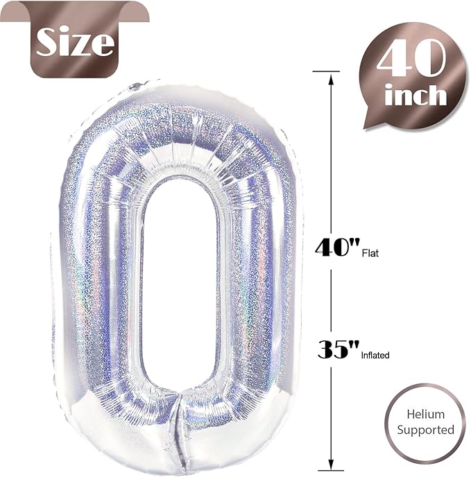 Laser Silver Number Balloon 40 Inch, 0 Number Balloons, 10 20 30 40 50 Numbers Balloon Birthday Decorations, Party Supplies for Women
