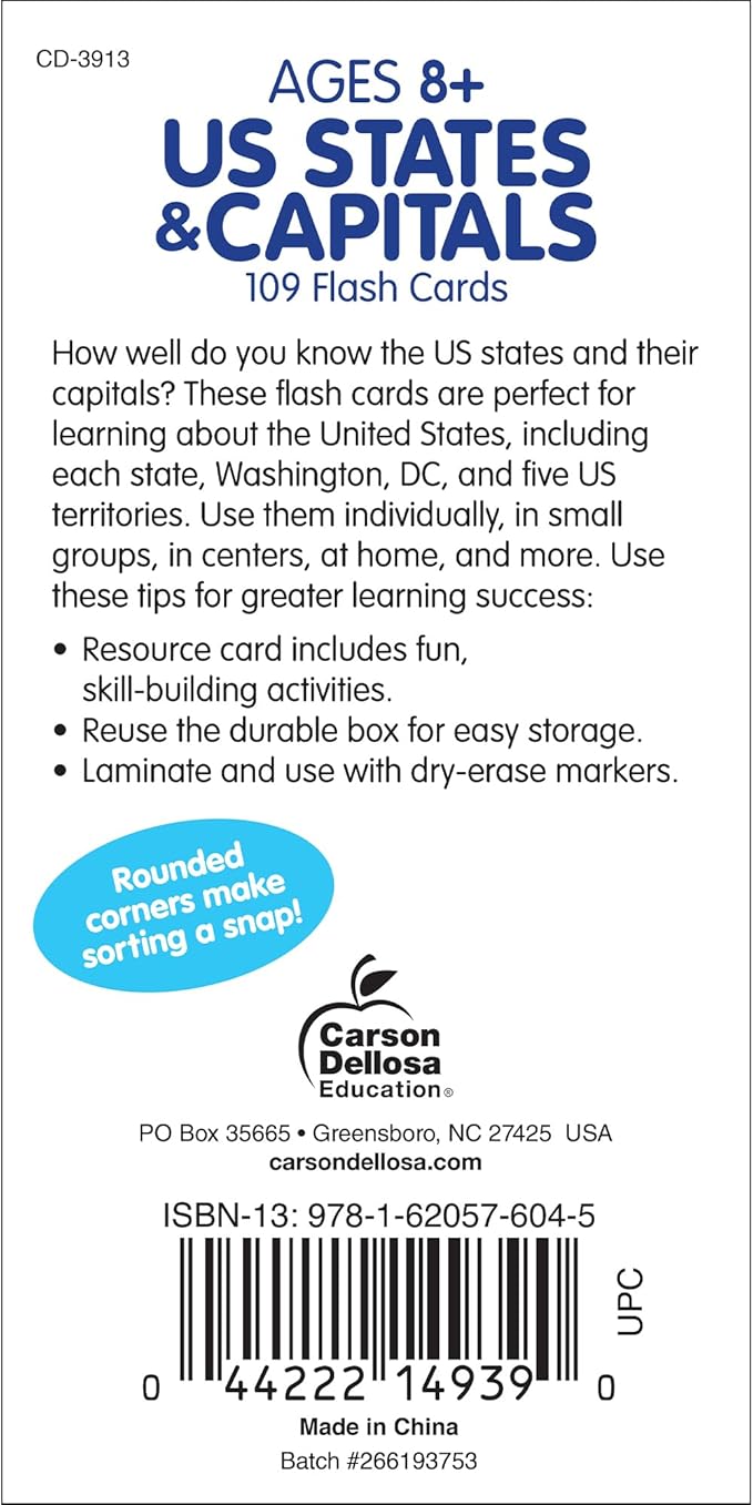 Carson Dellosa States and Capitals Flash Cards for Kids Ages 8+, Geography Flash Cards with US History, Fun Facts, Grade 3, Grade 4 and Grade 5