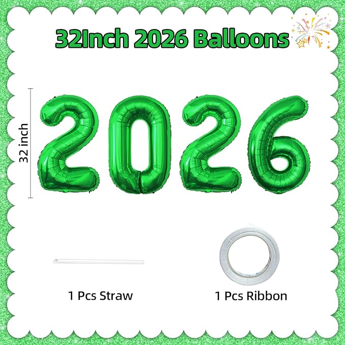 KALOR 32 Inch 2026 Green Foil Number Balloons, 2026 New Years Decorations for 2026 Happy New Year Eve and Graduations Party Supplies