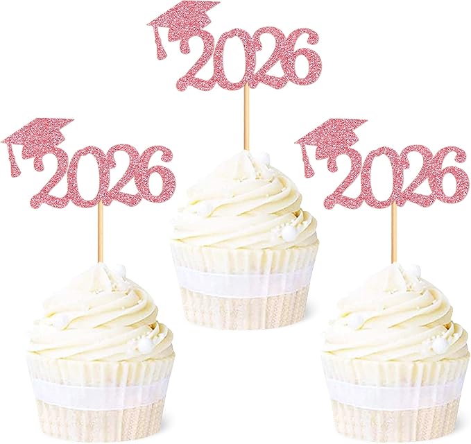 24 Pcs graduation cupcake toppers 2026, Food/Appetizer Picks For Graduation Party Mini Cake Decorations, 2026 Cupcake Toppers (Rose Red)