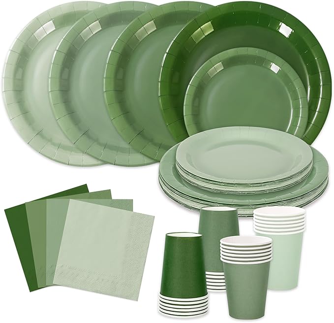 Whaline 96Pcs Sage Green Tableware Set Serves 24 Gradient Green Disposable Dinnerware 24 9" Plates 24 7" Plate 24 9oz Cups 24 Napkins for Wedding Birthday Party Supplies