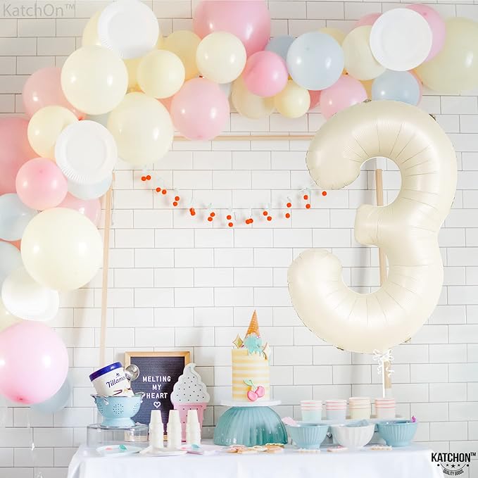 KatchOn, Cream White Number 3 Balloon Neutral - Giant, 40 Inch, Three Balloon | 3 Balloon Number for Young Wild and Three Decorations Girl | 3 Anniversary Decorations
