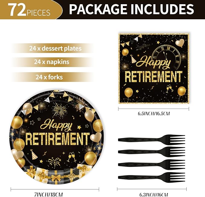 72Pcs Retirement Plates and Napkins, Black Gold Happy Retirement Party Decorations Paper Plates and Napkins with Forks Disposable Tableware Set for Men Women