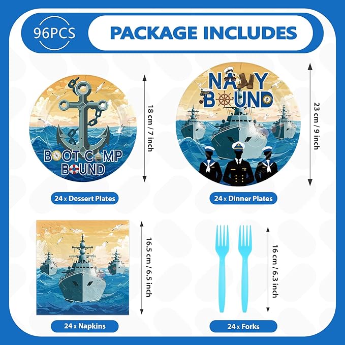 96Pcs Navy Party Supplies Navy Bound Theme Plates and Napkins Blue Military Tableware Set for Boys Men Nautical Baby Shower Anchor Birthday Party Decorations Serves 24