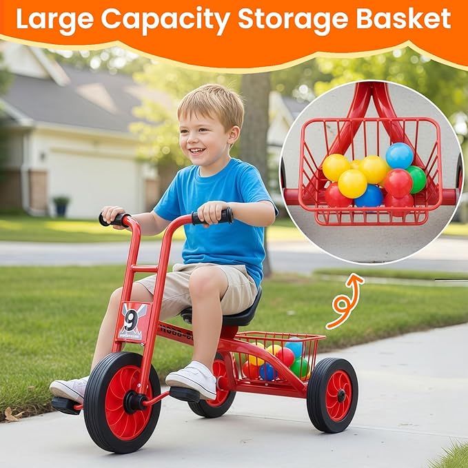 Kids Tricycle for Ages 3-8, Adjustable Seat Kids Trike, Preschool Daycare Toddler Tricycle Bike with Rubber Wheels and Storage Basket, Gifts and Toys for Boys and Girls
