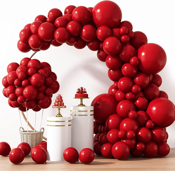 RUBFAC 129pcs Ruby Red Balloon Arch Kit, Different Sizes 18 12 10 5 Inches Cherry Red Burgundy Balloons for Garland Birthday Wedding Party Decorations