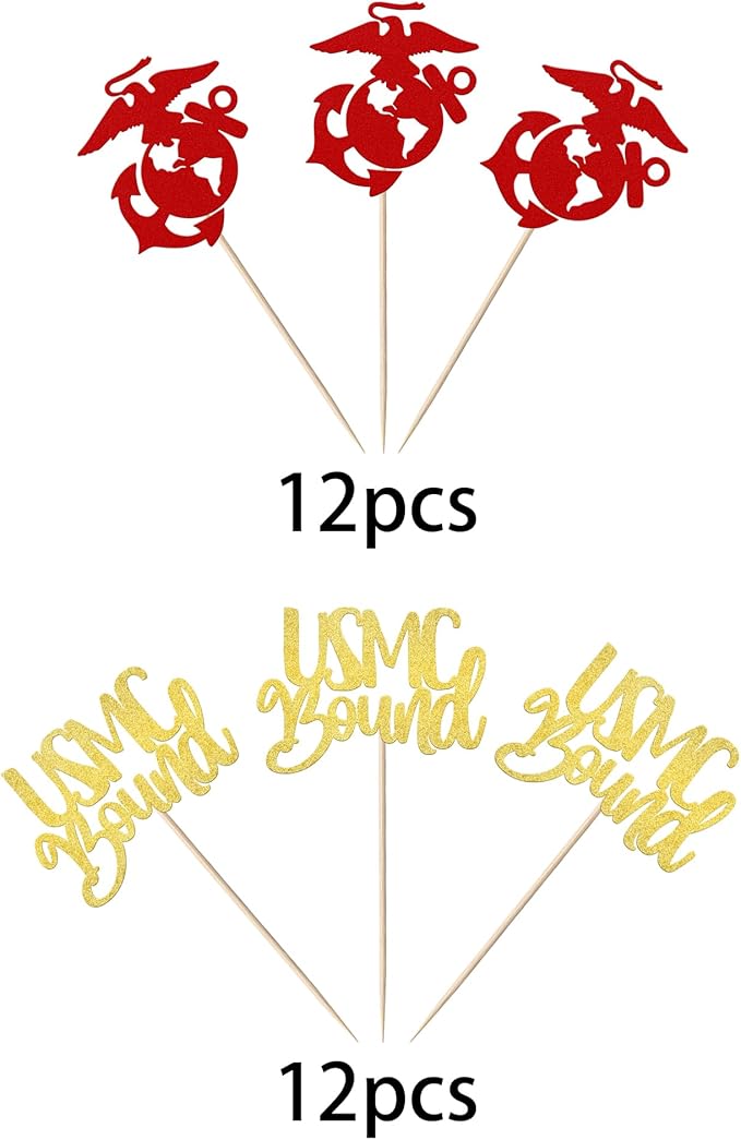 24 Pack Military Cupcake Toppers Glitter Semper Bound Emblem Cupcake Picks Navy Congrats Army Theme Birthday Cake Decorations Party Supplies Red Gold