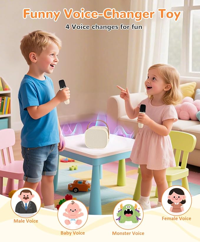 Mini Karaoke Machine for Kids Gifts for Girls Boys with 2 Wireless Microphones,4 Magic Voices,Portable Design for Indoor Outdoor Party Singing Fun,Birthday Christmas Toys for Children 3-12 Beige