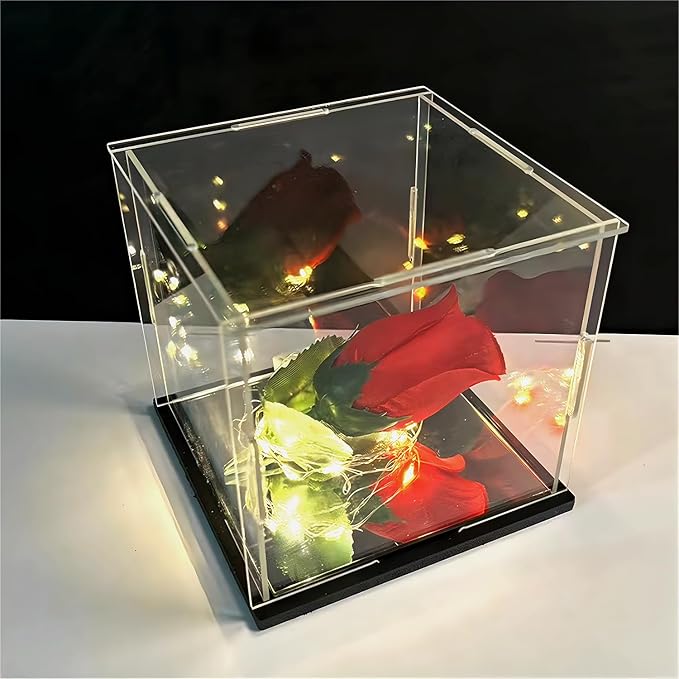 Clear Acrylic Display Case, Assemble Cube Display Box Stand with Black Base, Dustproof Protection Showcase for Collectibles Memorabilia Figurines (6x6x6 inch; 15x15x15cm)