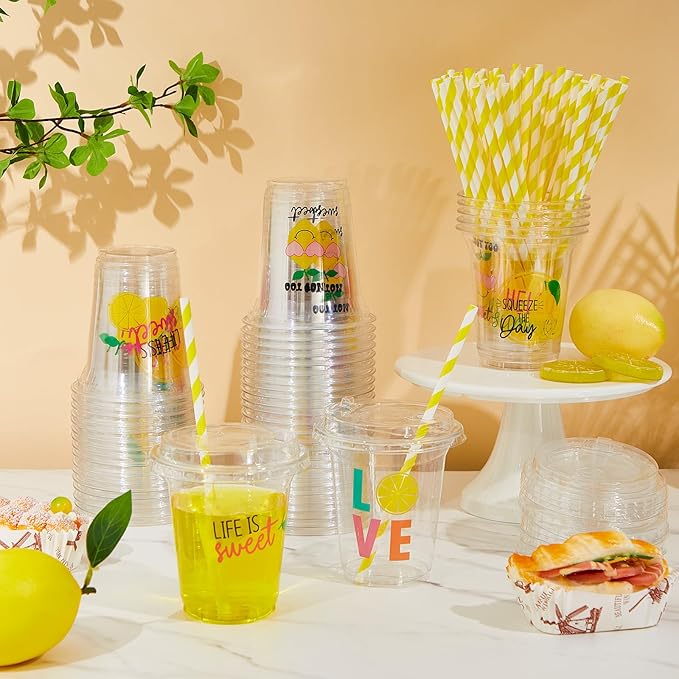 Boao 36 Sets Lemon Plastic Cups with Lids and Paper Straws 14 oz Yellow Lemon Birthday Party Supplies Beverage Drinking Cups Bulk for Summer Citrus Fruit Party Birthday Baby Shower