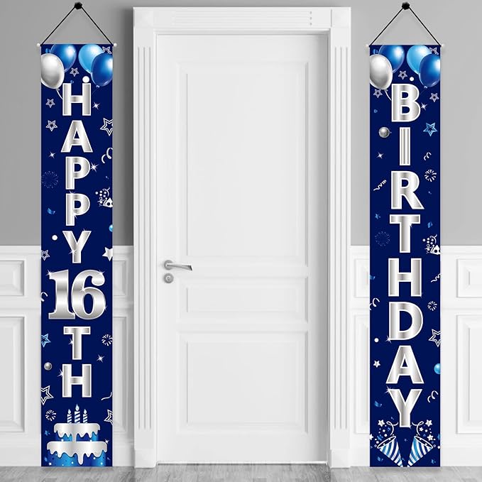 Blue Silver 16th Birthday Door Banner Decorations, Happy 16 Birthday Party Porch Sign Supplies for Boys, Sweet 16 Year Old Birthday Party Supplies