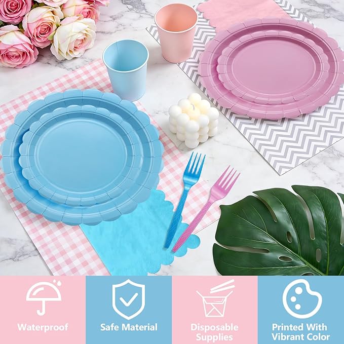 Gender Reveal Party Supplies Set for 20 Guests, Including Pink Blue Tablecloth, Forks, Napkins and Plates for Gender Reveal Decorations Baby Shower Boy or Girl Party