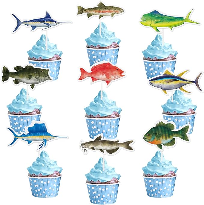 WERNNSAI 36PCS Fishing Cupcake Toppers - Fishing Birthday Party Cake Decorations for Kids Boys Gone Fish Cake Toppers Fishing Baby Shower Party Supplies Summer Outdoor Fishing Party Favors Cake Decor