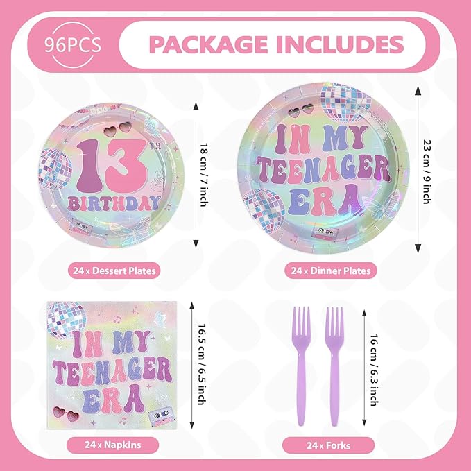 96Pcs In My 13th Birthday Era Party Decorations Era's 13 Birthday Plates and Napkins Set Music Iridescent Disco Decoration for Girls 13 Years Old Music Singer Friendship Bday Party Supplies Serves 24