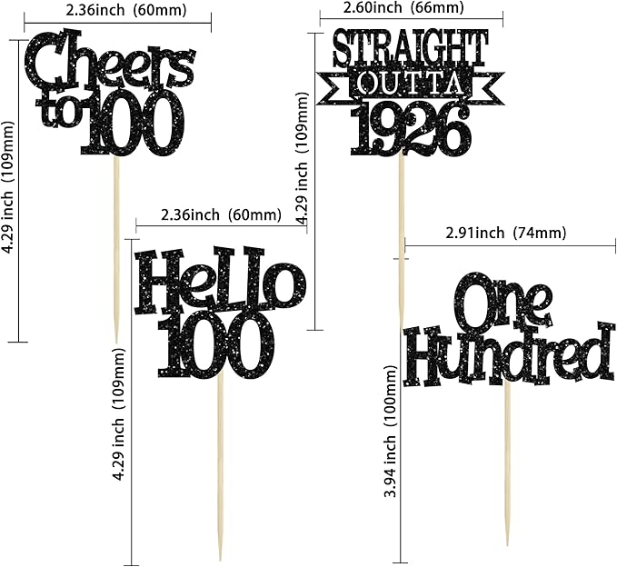 Ephlyn 24Pcs Happy 100th Birthday Cupcake Toppers Glitter Straight Outta 1925 Cupcake Picks Hello 100 Cheers to 100 Years Birthday Cake Decorations for 100th Birthday Anniversary Party Supplies Black