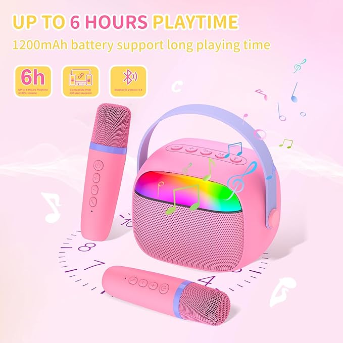Mini Karaoke Machine with 2 Wireless Microphones for Kids Portable RGB Bluetooth Speaker Birthday Gift Toys for 3 4 5 6 7 8+ Year Old Girls Boys
