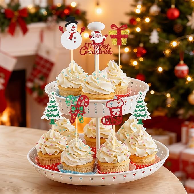 Christmas Cupcake Toppers Cake Decorations, 24 PCS Merry Christmas Cake Topper, Glitter Santa Clus Snowman Xmas Tree Decorative Cupcakes Ficks Food Picks for Xmas Holiday Party Decoration Supplies