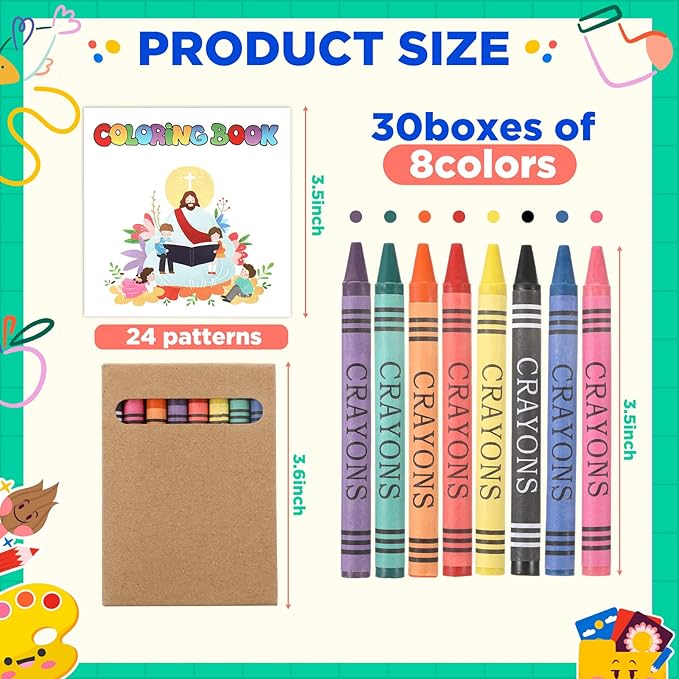 30 Sets 24 Pages Mini Christian Coloring Books with 8 Colors Crayons Bulk, Religious Coloring Books Bible Pages Christian Party Favors Goodie Bag Stuffers Gifts for Activities Church Craft