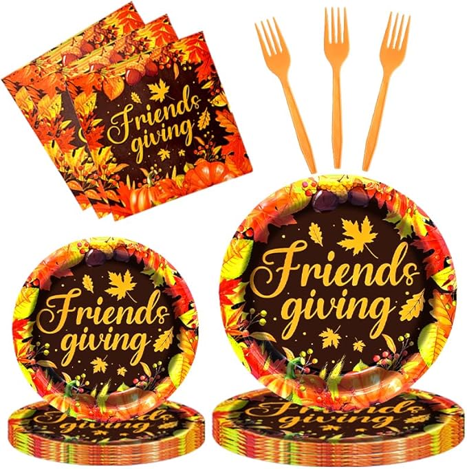 96 Pieces Friendsgiving Tableware Set Party Supplies - Fall Thanksgiving Pattern Disposable Dinnerware with Paper Plates, Napkins, Forks for Autumn Harvest, and Friendsgiving Dinner BBQ Picnic Favors