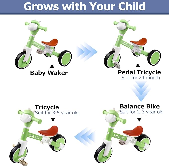 Toddler Balance Bike for Boys Girls, Tricycle for Toddlers 1-5 Year Olds, Toddler Tricycle with Light & Music Front, Kids Bicycle with Removable Pedal, Birthday Gifts for 1 2 3 4 5 Year (Green)