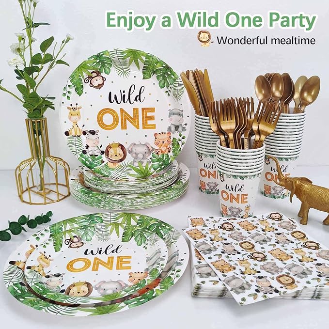 175 Pcs Wild One Birthday Decorations Plates Set 25 Guests, Safari Jungle Baby Shower Theme Paper Plates Napkins Cups Cutlery Set Boys First 1st Party Supplies