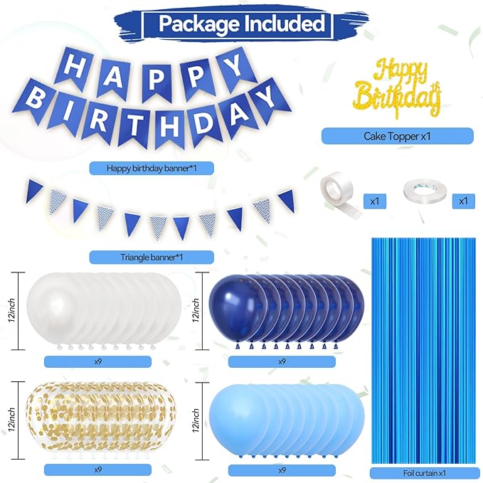 Navy Blue Birthday Decorations, Dark Happy Birthday Party Decorations With Metallic Gold Pearl White Light Blue Fringe Curtain Banner Cake Topper For Man Woman Party Supplies