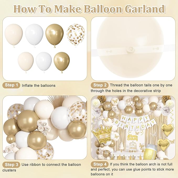 White and Golden Birthday Party Decorations Happy Birthday Banner Fringe Curtains Butterfly Gold White Sand Confetti Foil Balloons Happy Birthday