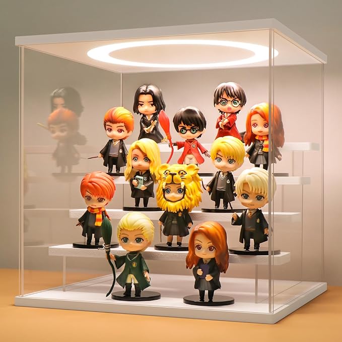 LASOA Acrylic Display Case with Adjustable LED Lights, 5 Tier Clear Display Box for Action Figures and Collectibles, Self-Assembly Showcase with White Base for Miniatures, 11.8x11x11.8inch